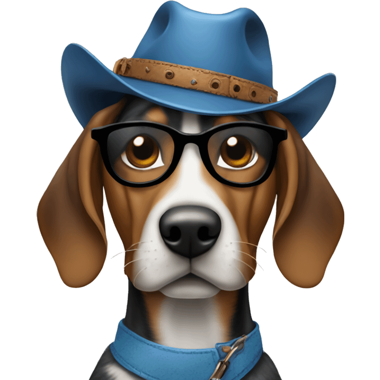 Blue tick hound wearing sunglasses and a cowboyhat emoji