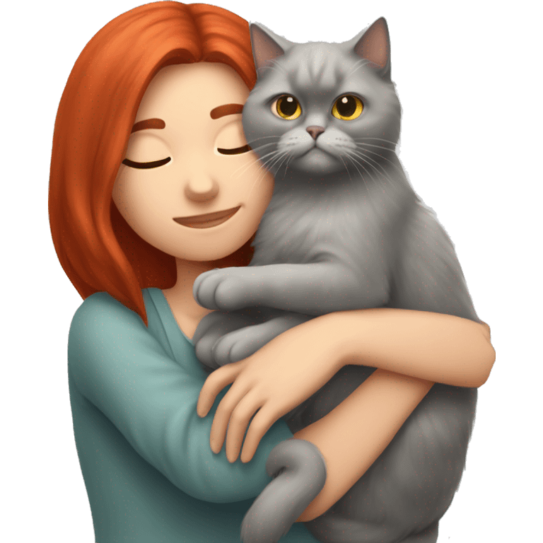 Red hair girl snuggling grey Persian cat emoji