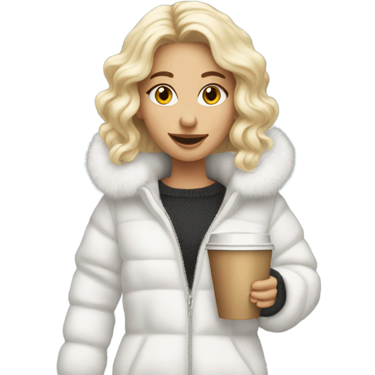 blonde girl wearing white fluffy jacket and a coffee to go in hand emoji