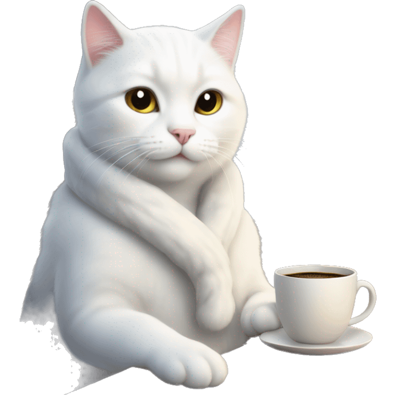 A white cat on a cozy Winter season with coffee  emoji