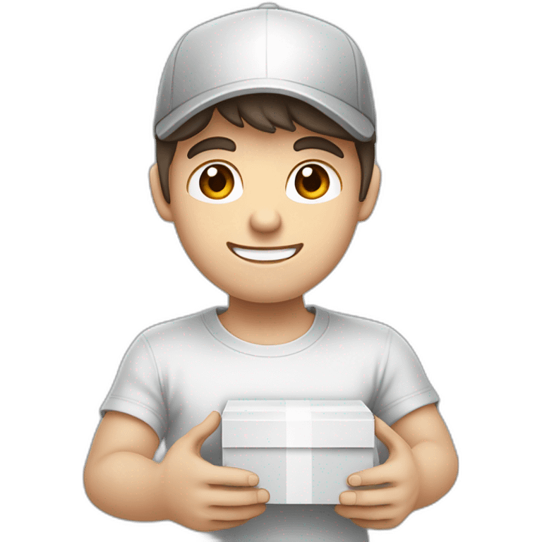 Pale skinned fit Man with dark brown hair in a white cap, gray jeans and gray polo T-shirt keeping a pasted with tape box into his hands emoji