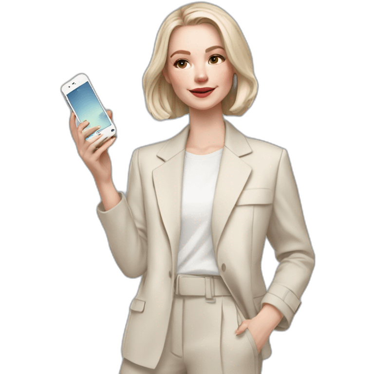 pale skin woman with ash blonde Straightened bob Hair, White Spacious classical jacket, beige palazzo Arrow pants and gray blouse holding white IPhone 15 pro in the hands emoji