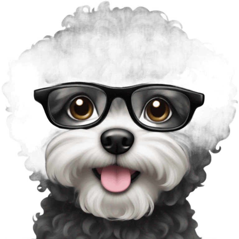 Black curly small dog with glasses emoji