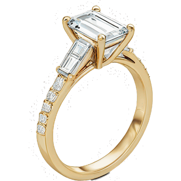 gold emerald cut engagement ring with side stones and thin band emoji