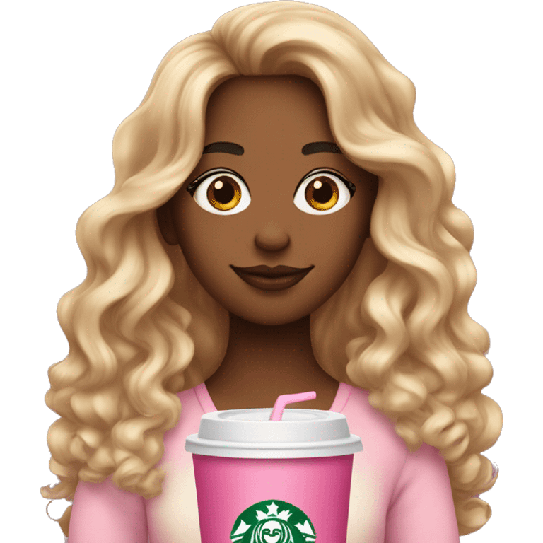 girl with brown and blonde ombré long curly hair holding Pink starbucks refresher emoji