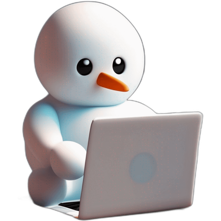 cute little snowman working with a laptop holding a coffee mug emoji