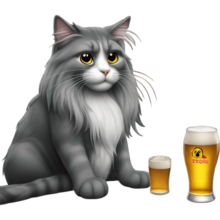 grey black and white long hair cat sitting at the bar with  beer and cigarette emoji