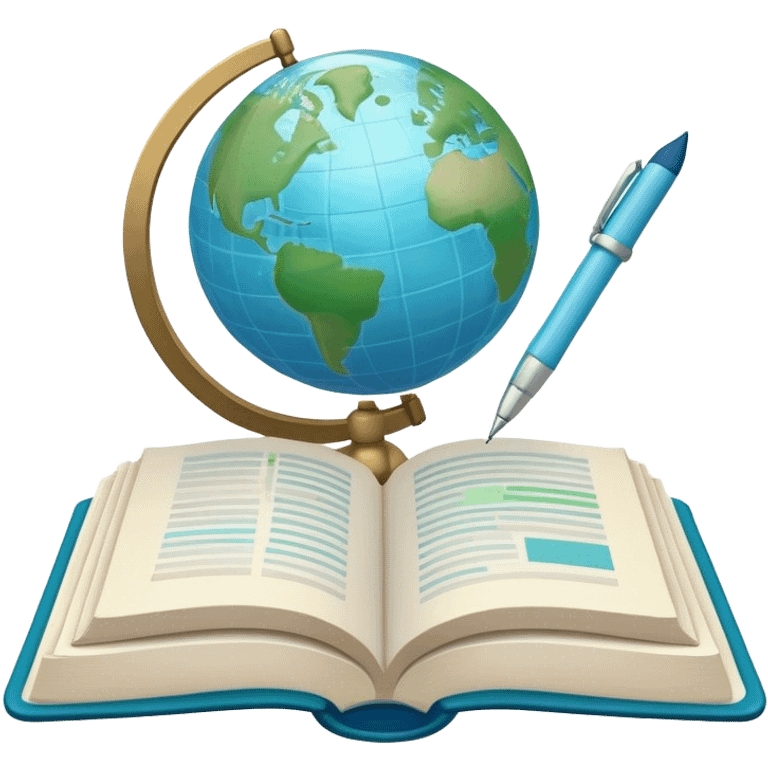 Create an emoji representing language translation. The design should feature a single globe in the background, symbolizing international communication. In front of the globe, place two opened books, with texts in it and a pen nearby to indicate the act of writing. Use a clean and professional color palette with blues, greens, and neutral tones. Do not include any emojis or smiley faces. Make the background transparent emoji