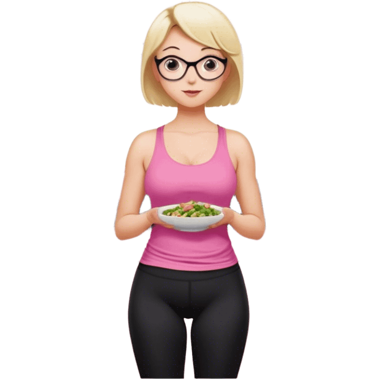 View from knees up, view from the back, fair skinned woman, thick milf, short blond hair, small reading glasses, cooking dinner in kitchen, pink loose tank top, showing natural B cup breast shape SFW, black yoga pants, large curvy booty emoji