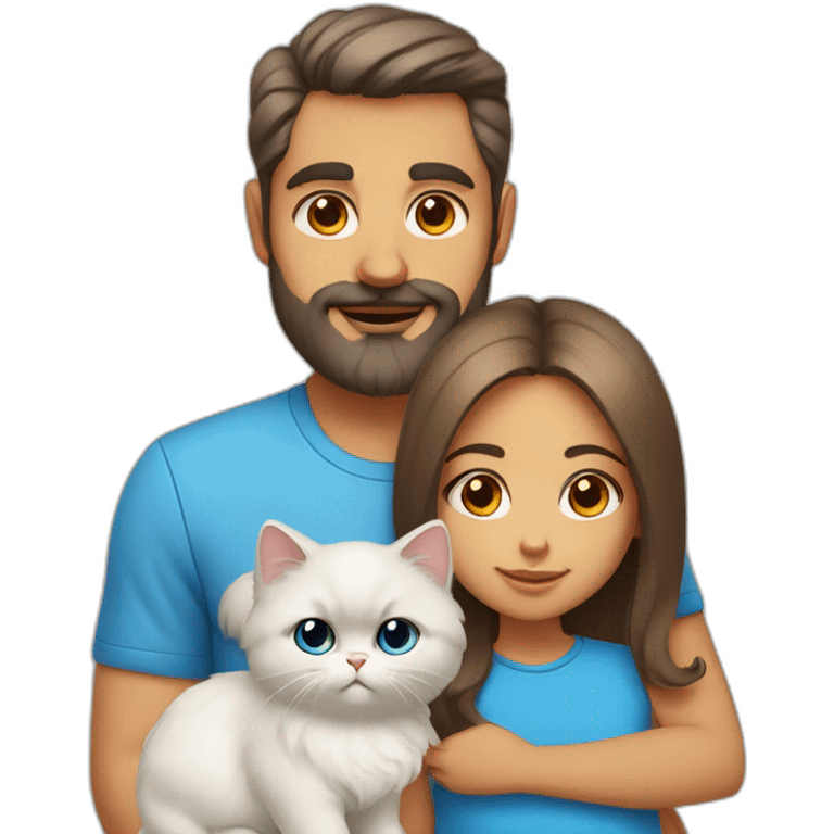 Family of three dad tall with brown eyes + mother with blue eyes + baby girl + Persian cat emoji