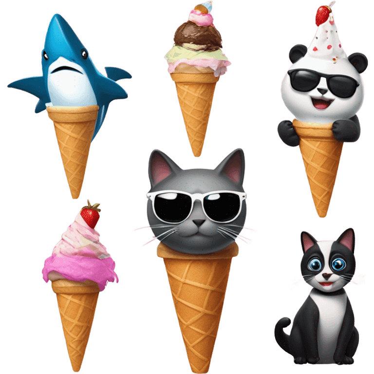 Shark with a top hat panda, eating ice cream cat with sunglasses ￼ emoji