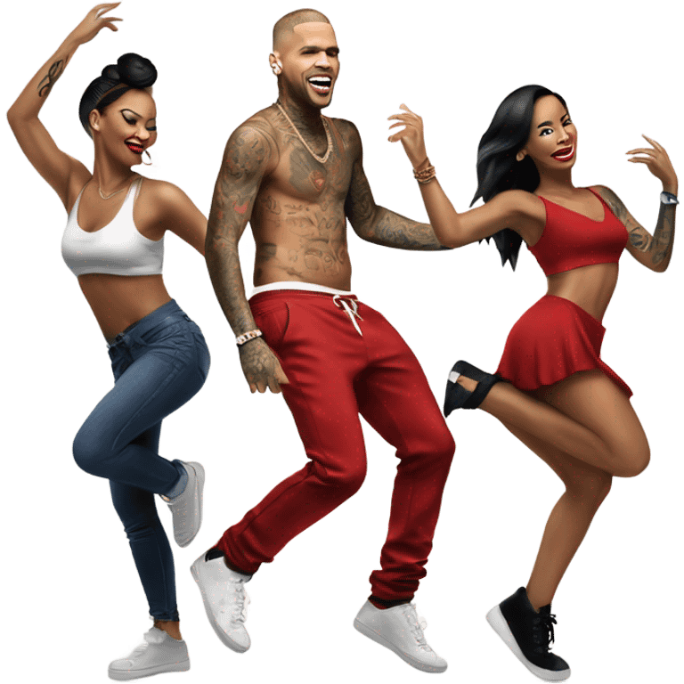 Hyper Realistic Chris Brown   dancing with 3 beautiful tattooed female dancers emoji