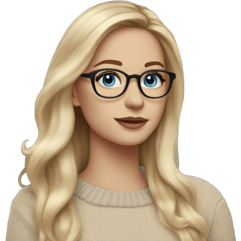 Photo Side profile Blonde balayage long hair white women beige sweater blue eyes fake lashes wearing glasses  emoji