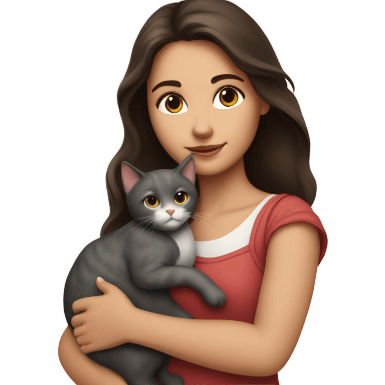 portrait of a beautiful brunette girl holding a cat emoji