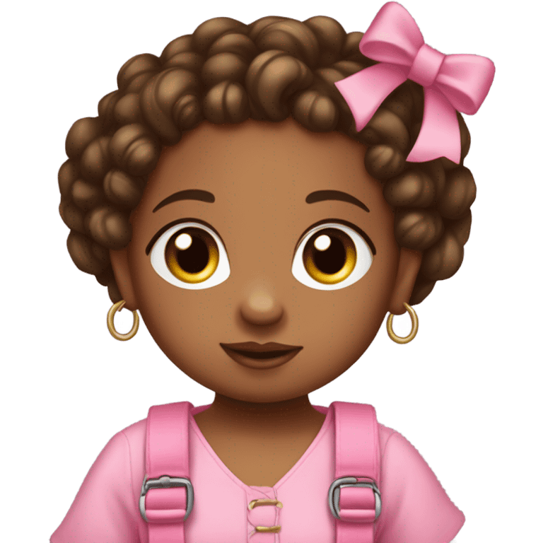 Brownskin baby with two curly pigtails and a pink jumpsuit with a Kurt Geiger purse emoji