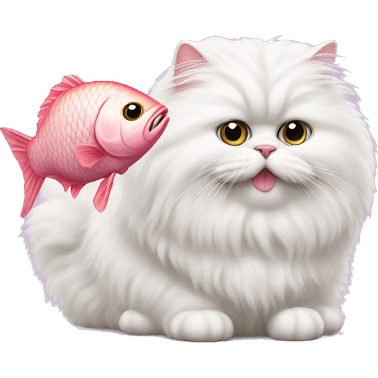 White fluffy persian cat eating pink fish emoji