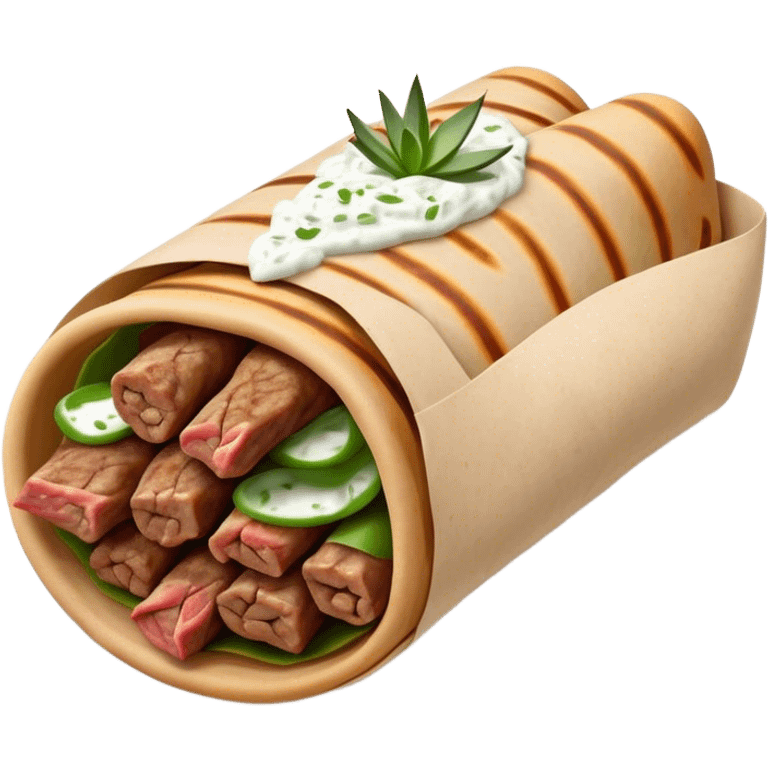 Gyros Cinematic Realistic Gyros Dish Emoji, depicted as succulent, spiced meat wrapped in paper for easy handling, rendered with lifelike textures and dynamic, warm lighting. emoji