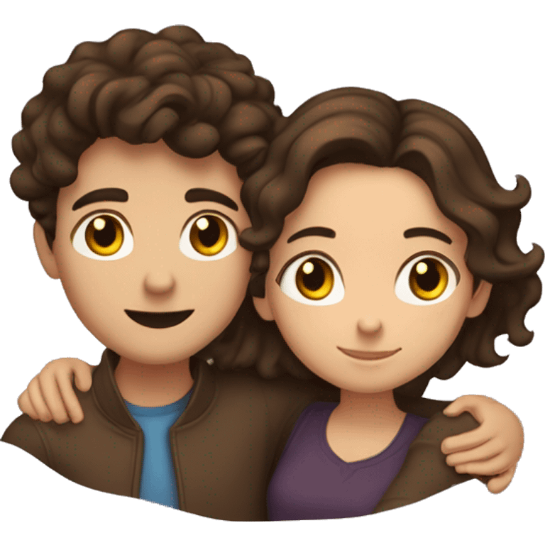 Brunette girl with wavy hair hugging brunette boy lovingly couple emoji