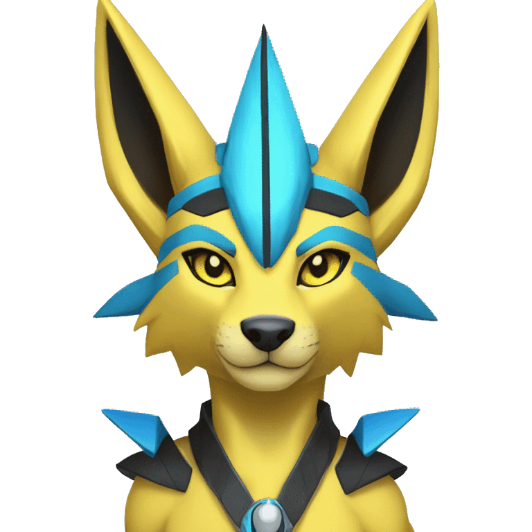 Yellow Anthro Edgy Cool Zeraora-Anubis-Jolteon-Pokémon-Fakémon with shiny blue stripes Full Body Detailed High Quality  emoji