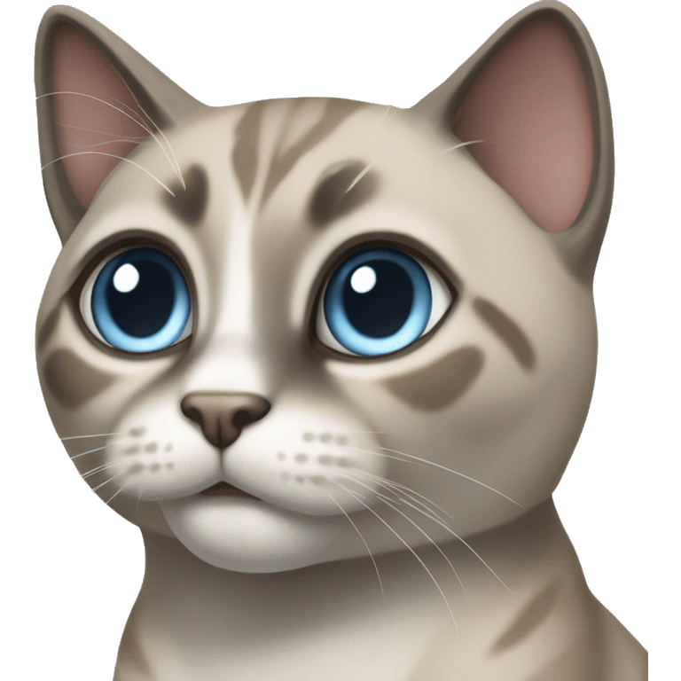 Thai breed realistic adult cat with a light cream-brown body, full dark gray face, ears, and paws. Short fur, sharp ears, striking light blue eyes  emoji