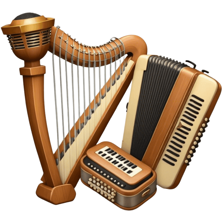 Create a warm and inviting humanless emoji representing folk singing. The design should feature a traditional microphone, perhaps with a wooden texture, symbolizing the rustic and authentic feel of folk music. Surround the microphone with subtle elements such as a hand-played tambourine, an accordion, or a balalaika to reflect the folk instruments. Add flowing musical notes to symbolize the vocal melodies. Use earthy, natural colors like browns, reds, and greens to evoke a sense of tradition, warmth, and connection to the community. The background should be transparent. emoji