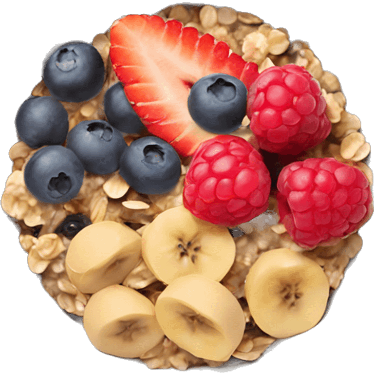 detailed oatmeal bowl with mixed berries, granola, chia seeds, and honey emoji