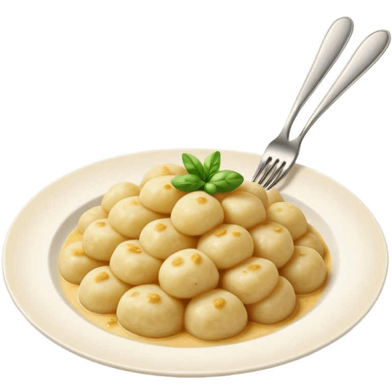 Gnocchi Cinematic Realistic Gnocchi Dish Emoji, depicted as tender potato dumplings garnished with iconic fork marks on top, rendered with soft textures and warm, inviting lighting. emoji