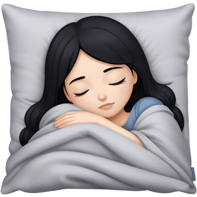 a girl with black hair sleeping on a gray pillow under a blanket  emoji