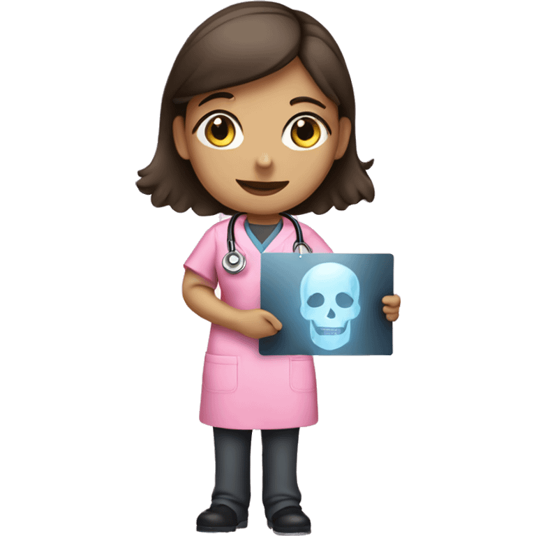 Brunette girl in pink scrubs holding an arm X-ray  emoji