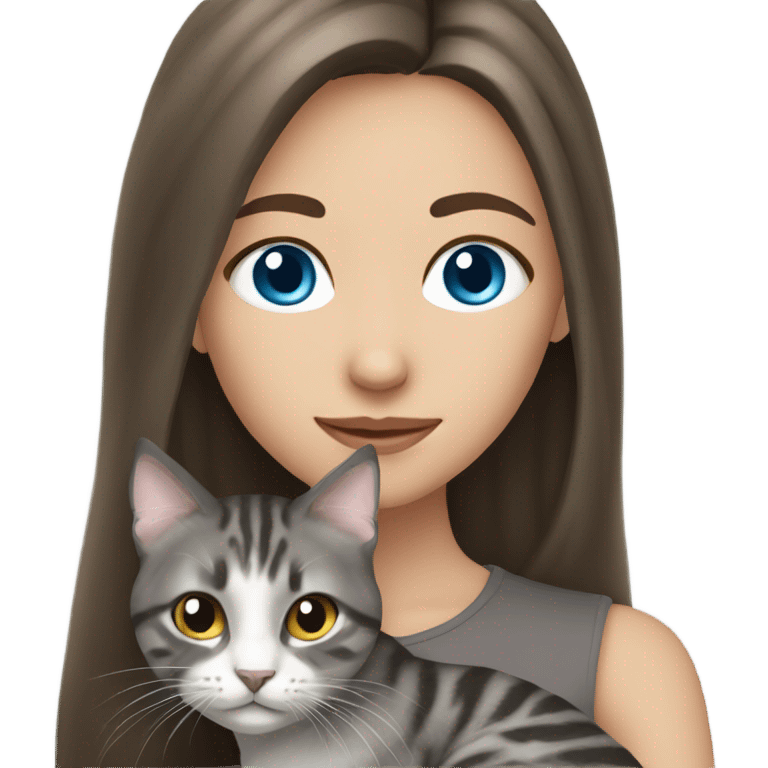 long haired brunette blue eyed girl holding a grey tabby cat emoji