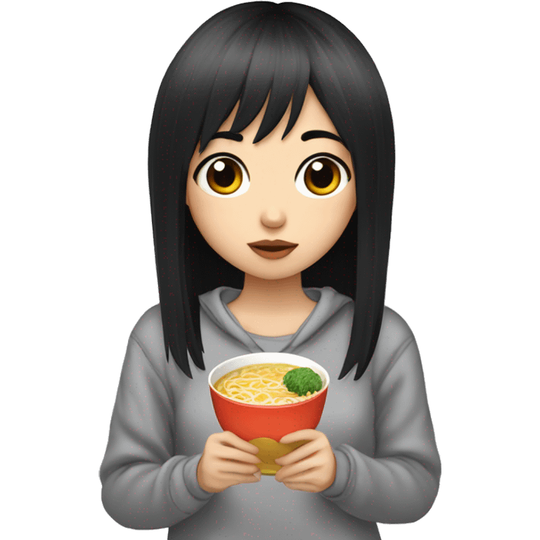 A girl with emo bangs, black hair and big black eyes with a sour face wearing a gray pajama sweater and holding a ramen in her hand. emoji