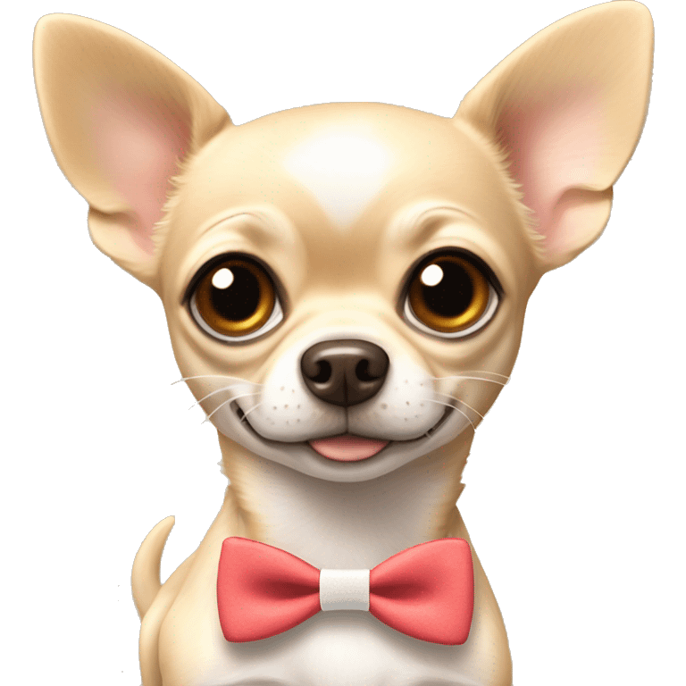 Dog beige chihuahua with bow and name tag saying rio emoji