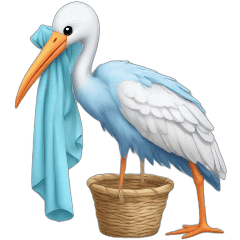 stork carrying a light blue bundle of cloth in its beak that has a human baby with dark hair and the baby face and head is peeking from the cloths bundle the strok is carrying with its beak emoji