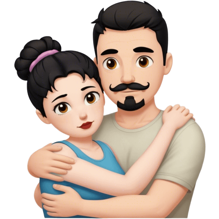 Tall strong white man with dark brown mustache goatee hugging a chubby short pale woman with messy black hair bun emoji