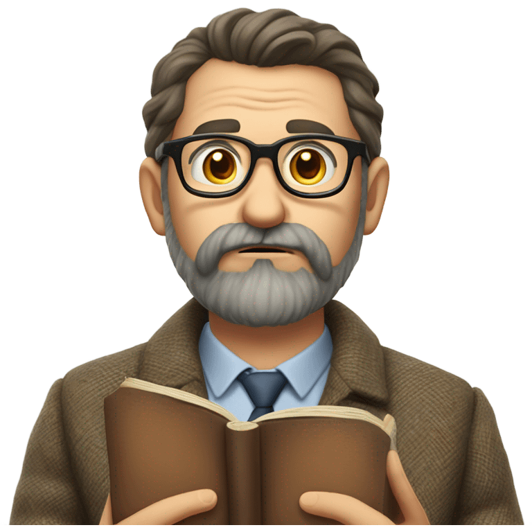 "A middle-aged man with brown hair, a beard, and round glasses. He has a serious, regretful expression, wears a tweed jacket, and holds a book or chalk." emoji