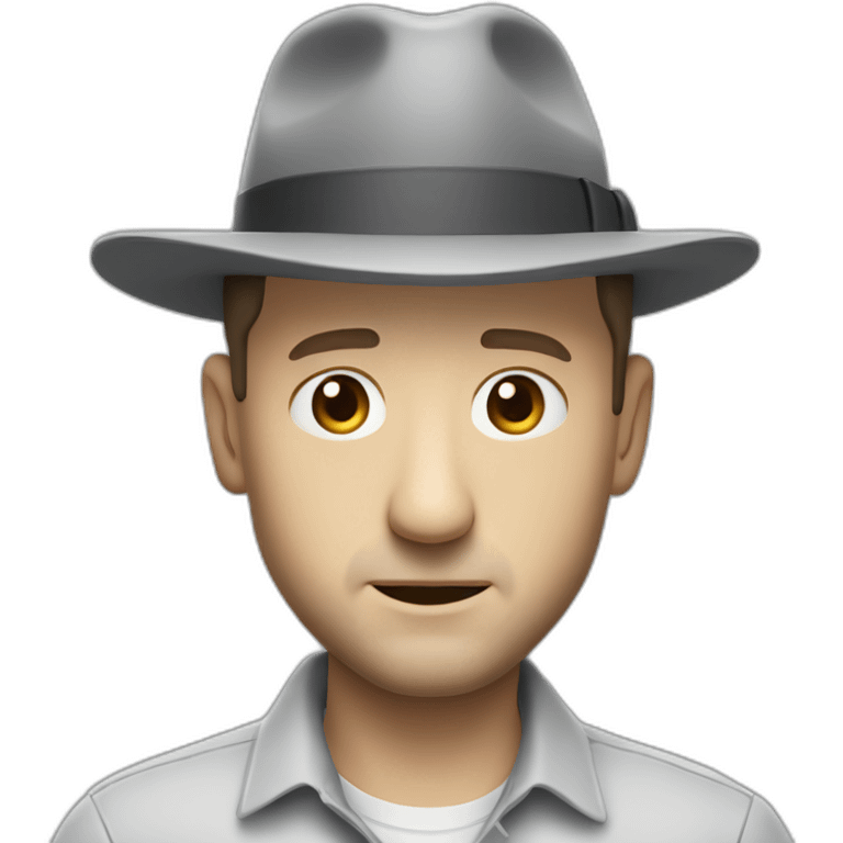 tim robinson wearing a grey fedora with a grey flap on the back white shirt only looking scared and sad 3 quarter angle emoji