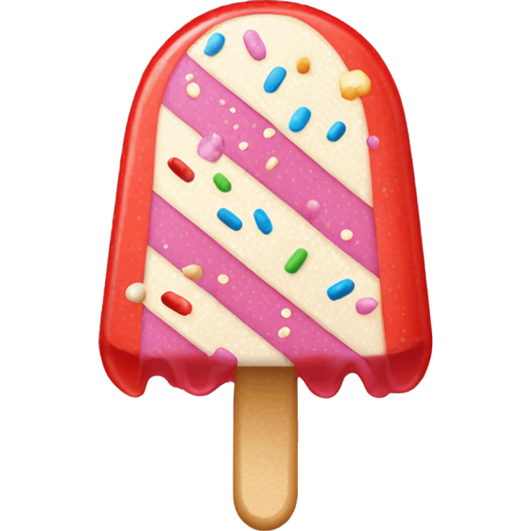 an ice lolly that's split into three sections, the top part is covered in sprinkles, the middle is white and the bottom near the stick is red emoji