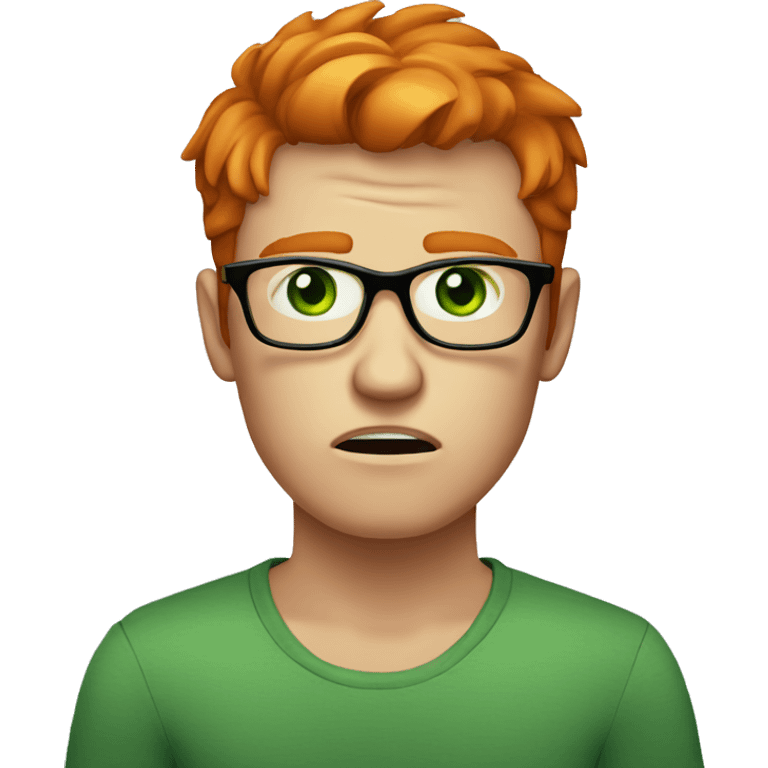 guy with ginger hair, glasses, round face, green eyes, frown, anger, skinny emoji