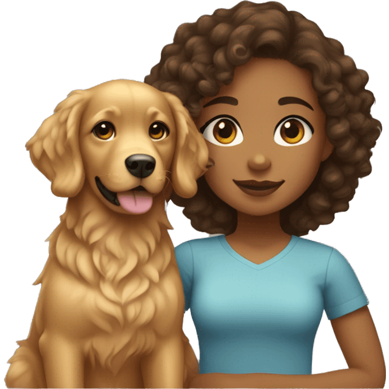 Mixed skin girl with  curly hair with a golden retriever puppy emoji