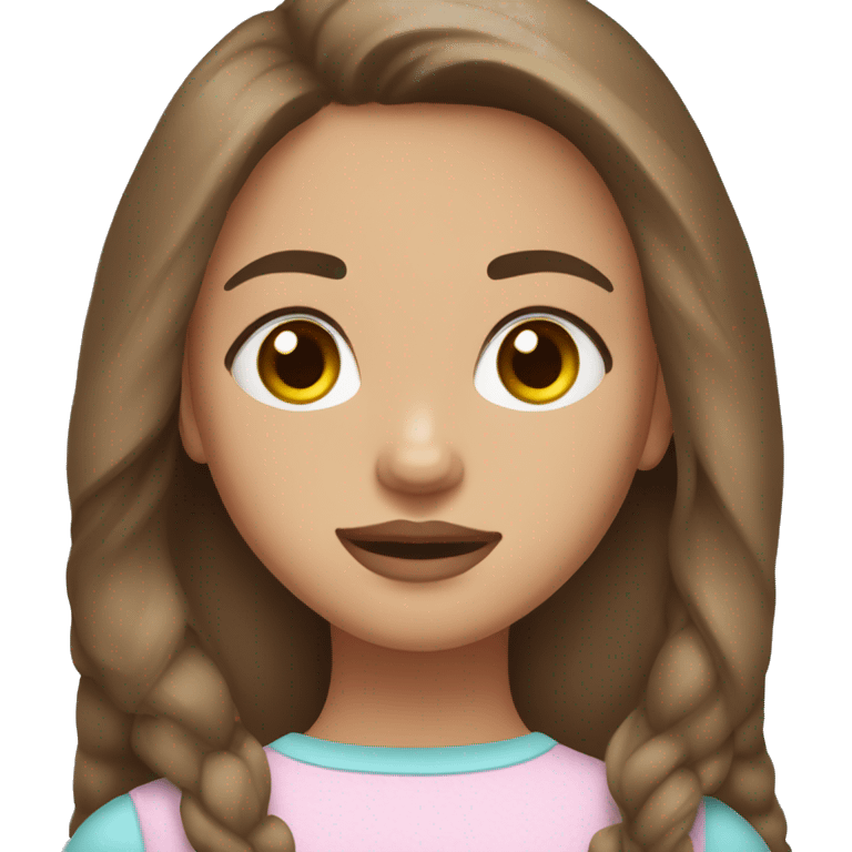 A girl with long brown hair, hazel eyes, light skin, long eyelashes, drawn eyebrows, and pink lips. emoji