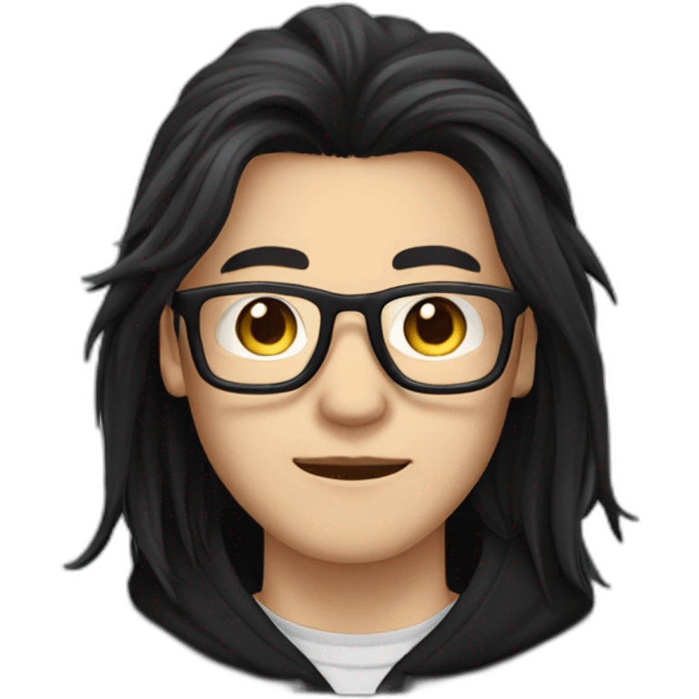 White skin Asian Guy with long black hair and square glasses and black hoodie emoji