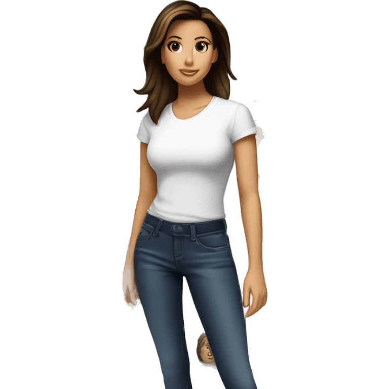 3/4 face, contrasted, shadow, light, Eva Longoria expression, standing from a distance, thin nose, brunette woman, hazel eyes, long eyelashes, dark shoulder shaded hair, white t-shirt, jeans, white sneakers emoji