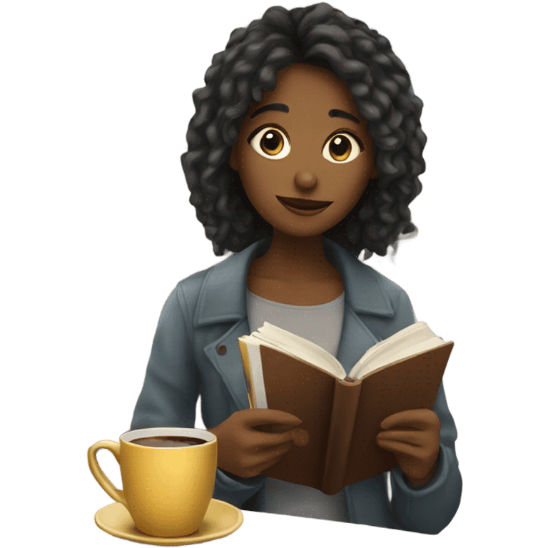 A girl in a cafe holding a book and coffee emoji