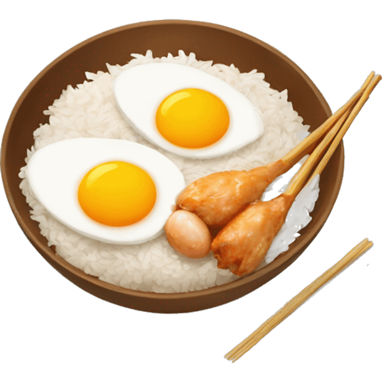 a bowl of rice with two eggs and two chicken drumstick on top emoji