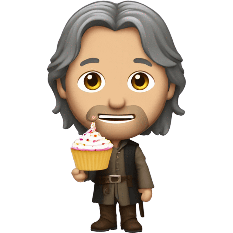 Viggo Mortenson as Aragorn holding a cupcake with a birthday candle in it emoji