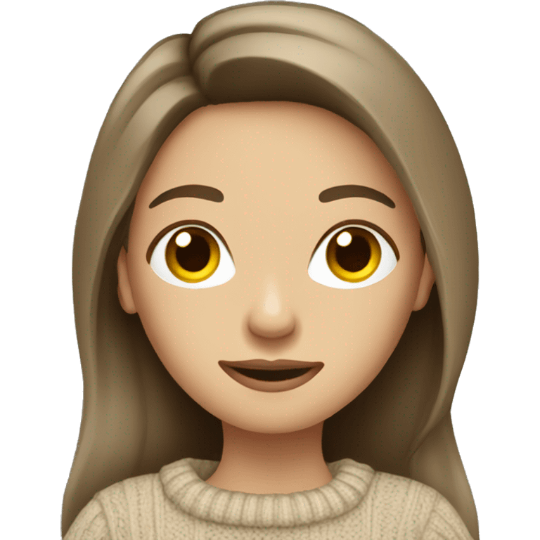 Brunette long hair women beige sweater with camera emoji