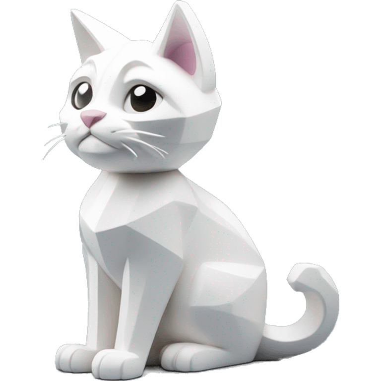 A white cat sculpture with a geometric, faceted design. The cat is standing upright with angular and disney features. The vibrant white color highlights the sharp edges and planes. emoji