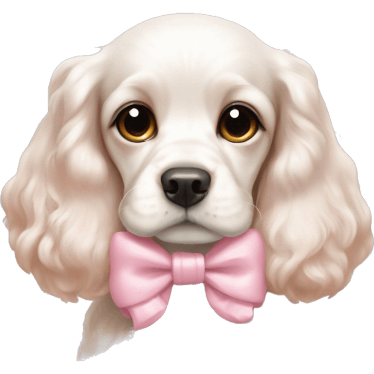 Cute white  cocker spaniel with a baby pink bow  emoji