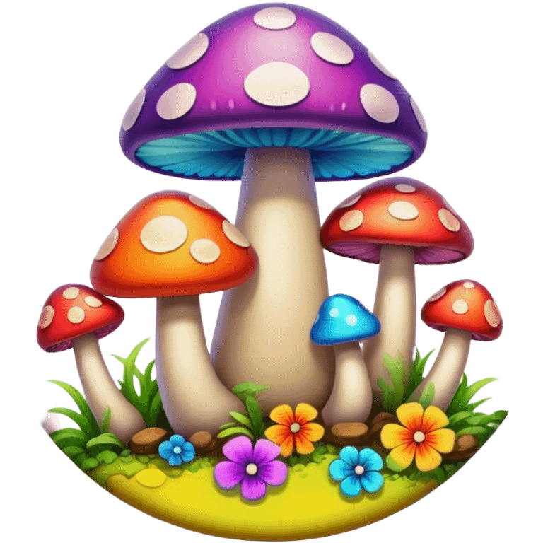 A round psychedelic colored button with beveled edges and colorful hippie style mushrooms emoji