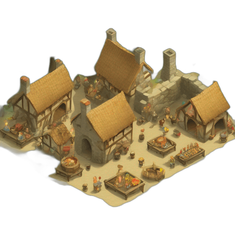 isometric view of a medieval village, festival mood, celebration emoji